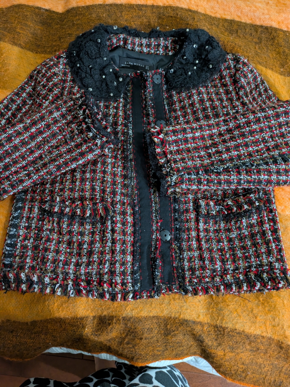 Zara Tweed Jacket with Black Pearl-Embellished Collar